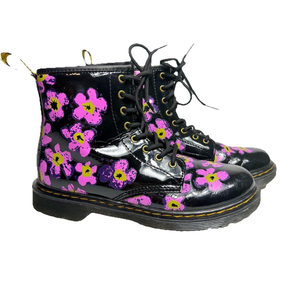 Dr. Martens 1460 J 8-Eye Patent Black Floral High Top Boot Youth Size US 4 - Picture 2 of 16